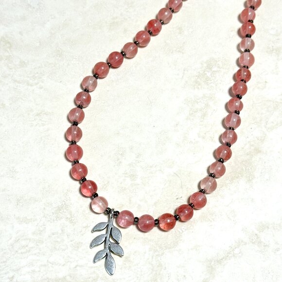 Cherry Quartz Short Necklace with Silver Leaf Branch Pendant - Picture 7 of 13
